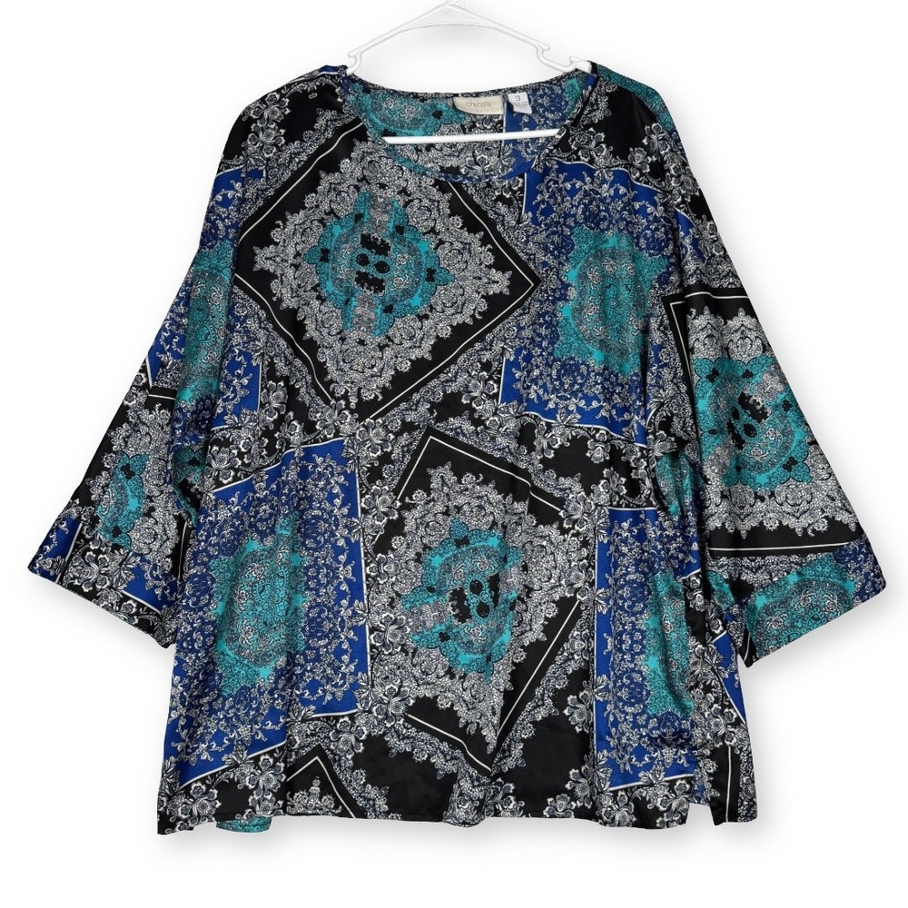 Chicos Blue Black Medallion Scarf Print Top 3/4 Sleeve Blouse Size 3
